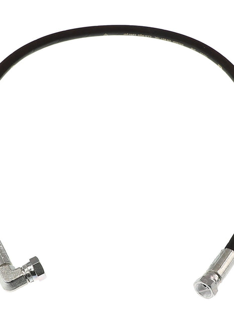 Product Description: The AGCO HYDR. HOSE - AL1103117 is a black flexible hose featuring a right-angled connector on one end and a straight connector on the other. This high-quality hydraulic hose from AGCO ensures reliable performance and durability.