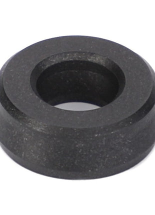 The AGCO Seal - D45404300 is a black, round rubber washer featuring a beveled edge and a center hole, crafted from high-quality materials to ensure genuine seals, displayed against a white background.