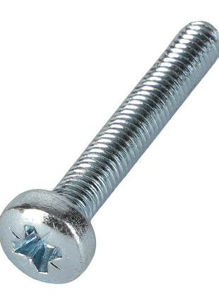 A close-up image of the AGCO Pan Head Screw - 3001527X1, a metal screw featuring a Phillips head and a cylindrical threaded shaft, showcasing intricate details.