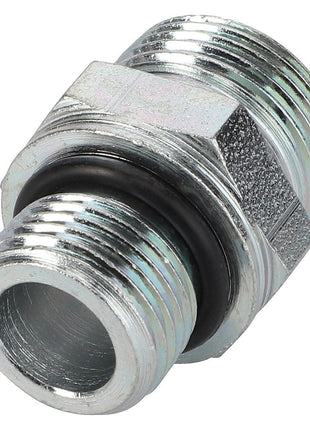 Close-up of the AGCO Connector Fitting - Acw1631390, featuring threaded ends and an O-ring, designed for seamlessly connecting two sections of pipe.