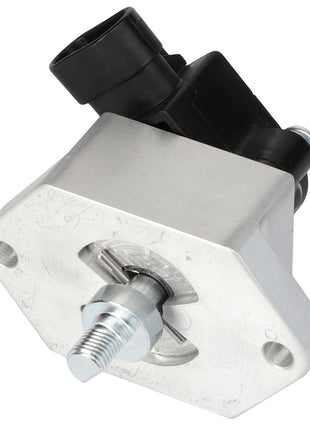 A close-up of the AGCO | WHEEL ANGLE SENSOR - AG424577, showcasing its rectangular base, hexagonal bolt, and black plastic connector on the top.