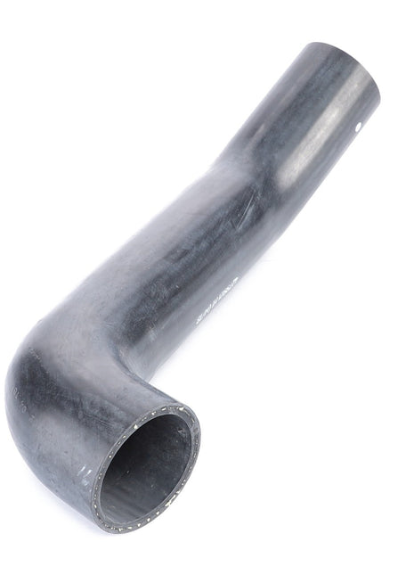 A black, L-shaped metal pipe with a hollow, cylindrical structure lies on a white surface; it appears to be the AGCO Lower Radiator Hose - 4279921M1, likely part of an engine cooling system.