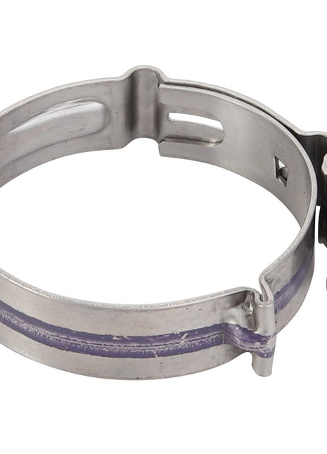 A silver metal clamp, the AGCO | CLAMP - ATV0423-411 from AGCO, features a circular shape with an adjustable tightening mechanism.