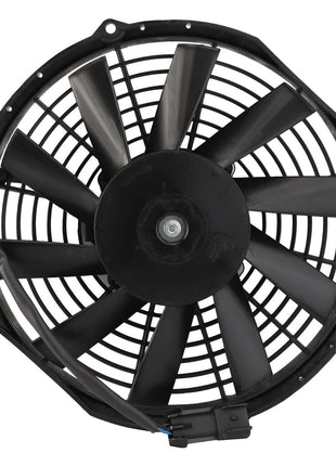 Image of the AGCO | FAN - 0.010.2545.2, a circular black electric cooling fan from AGCO with multiple blades enclosed in a protective grille and connected by wires at the base. For more details, refer to the product description or contact our support team.