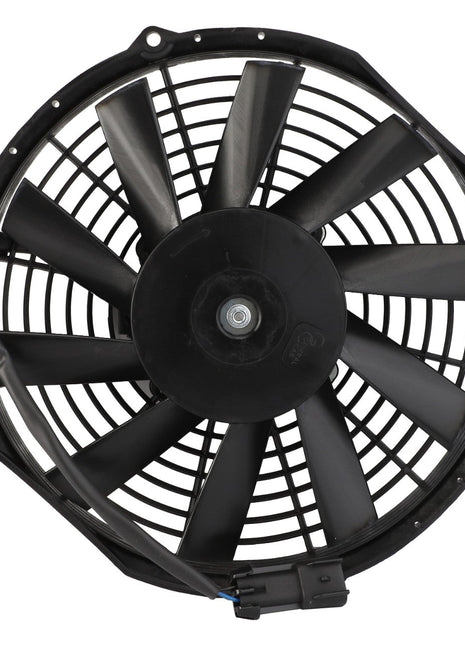 Image of the AGCO | FAN - 0.010.2545.2, a circular black electric cooling fan from AGCO with multiple blades enclosed in a protective grille and connected by wires at the base. For more details, refer to the product description or contact our support team.