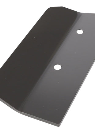 The AGCO Wear Part - Acx006119A is a rectangular black metal plate featuring two centrally located circular holes and a slight bend along one edge.