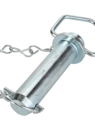 Close-up of the AGCO | Pin - Acw8772110, a metal hitch pin with a chain attached, designed for securing trailer couplings or other heavy-duty equipment connections. This AGCO pin features a looped handle for easy use.