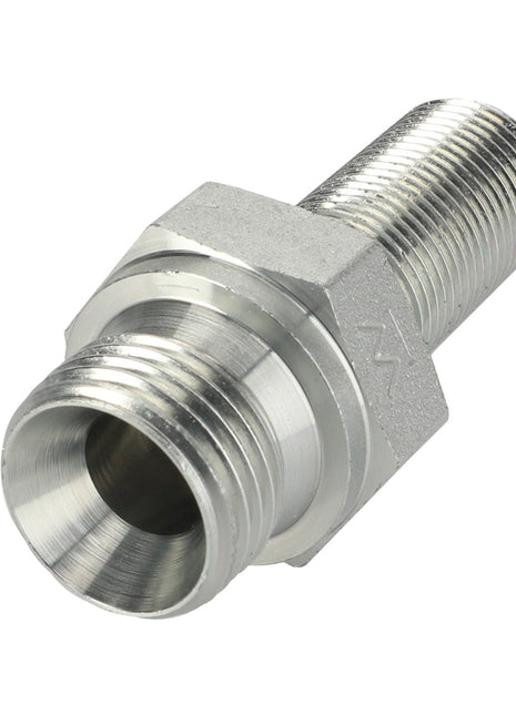 The AGCO | ADAPTER - AL1120158 is a durable stainless steel threaded pipe adapter that features male threads on both ends and a hexagonal nut in the center for easy tightening.