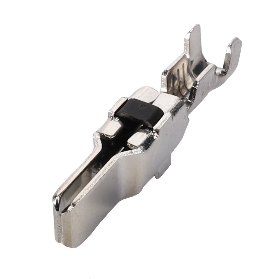 Close-up of the AGCO Electrical Connector Pin Terminal (D45010023) featuring a metallic forked end and crimping area, ensuring precision in connections.