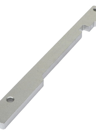 A metallic, rectangular tool with two circular holes and a stepped notch on one end, the AGCO Guide Plate - Acp0295380 by AGCO, laid on a white background. No current product description available.