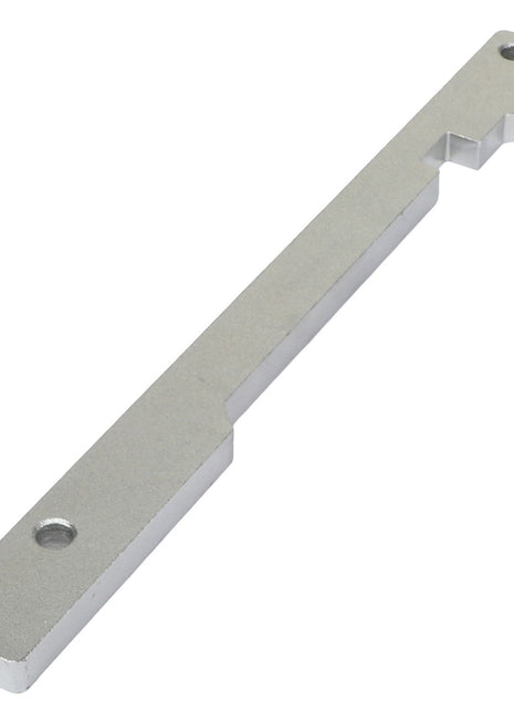 A metallic, rectangular tool with two circular holes and a stepped notch on one end, the AGCO Guide Plate - Acp0295380 by AGCO, laid on a white background. No current product description available.
