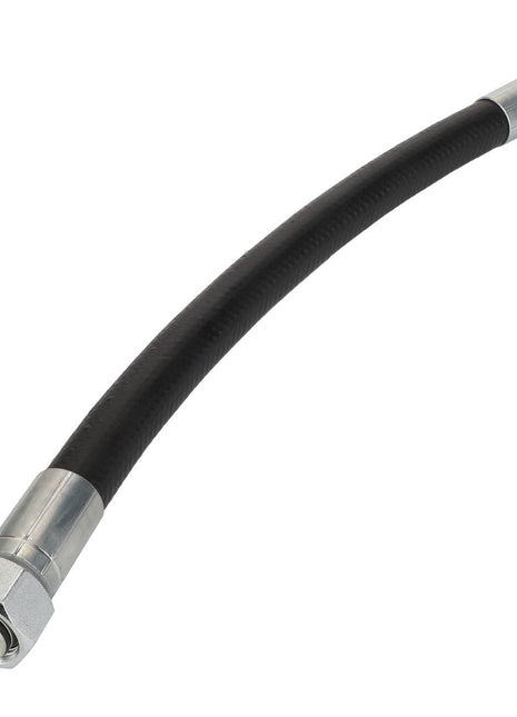 The AGCO | HYDRAULIC HOSE - ACY1567940 is a flexible black hydraulic hose with metal fittings on both ends, designed for efficient fluid transfer in mechanical systems.