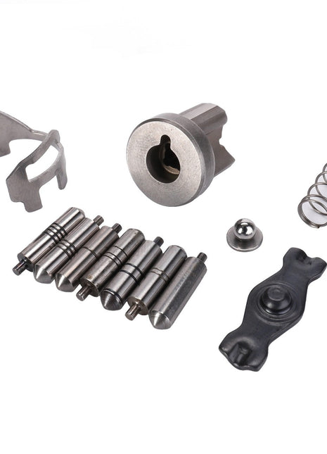 Currently, no detailed product description is provided for the AGCO | Parts Kit - F339960020040 by AGCO. However, the kit includes various small mechanical components such as rods, springs, a clamp, and a cylindrical part, all presented against a white background.