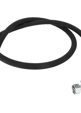 A black AGCO hydraulic hose (Acw2531760) with metal fittings on both ends, one curved and the other straight, against a white background.