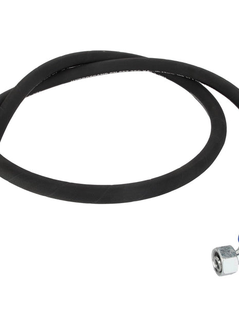 A black AGCO hydraulic hose (Acw2531760) with metal fittings on both ends, one curved and the other straight, against a white background.