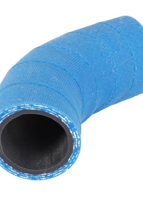The AGCO Rubber Elbow - V836136515 is a blue, flexible, right-angled rubber hose with a textured surface.