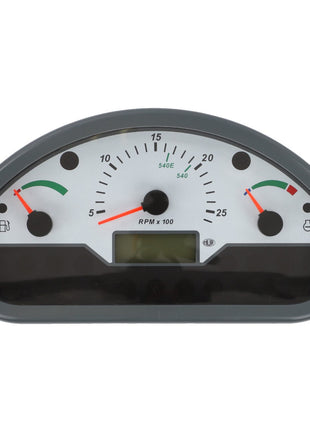 The AGCO Instrument Panel - Acp0349560 features a semicircular dashboard with a centrally located tachometer, a fuel gauge on the left, and an oil temperature gauge on the right, providing essential information at a glance.