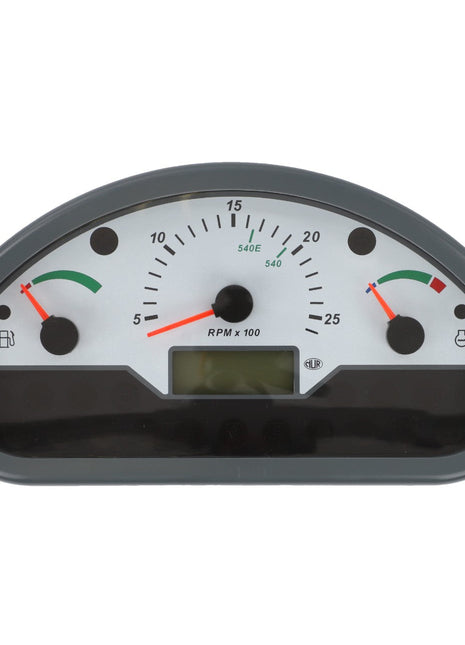 The AGCO Instrument Panel - Acp0349560 features a semicircular dashboard with a centrally located tachometer, a fuel gauge on the left, and an oil temperature gauge on the right, providing essential information at a glance.