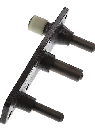 The AGCO Hanger - Acw9223190 is a metal component featuring three cylindrical protrusions and a white cylindrical cap attached to a flat base. Currently, no additional product description information is available.