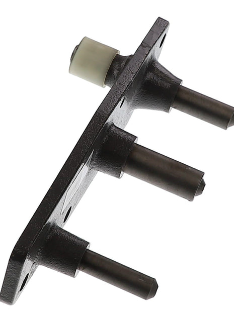 The AGCO Hanger - Acw9223190 is a metal component featuring three cylindrical protrusions and a white cylindrical cap attached to a flat base. Currently, no additional product description information is available.