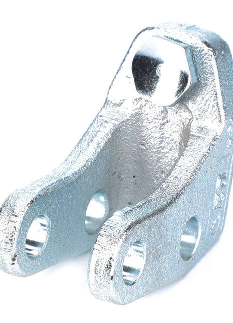 The AGCO Clevis Arm, Ball, Trailer Hitch - F931502165251 is a metallic, U-shaped mechanical component with holes and a hexagonal bolt at the top, making it ideal for hitch linkage components.