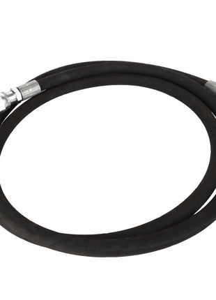 The AGCO Hose - Acp0319200 is a black rubber hose with silver metal fittings on both ends, coiled into a circle.