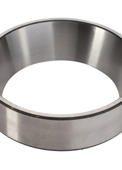 A close-up view of the AGCO BEARING CUP - AG706914, a metallic cylindrical ring with a smooth surface, commonly utilized as a Tapered Roller Bearing to manage thrust loads in various machinery.