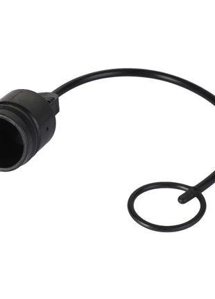 The AGCO | DUST PLUG - CH165-5694 by AGCO features a black protective dust cover cap with an attached looped tether to securely cover electrical connectors and ensure the integrity of current information.