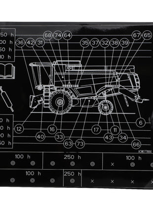 A technical diagram of the AGCO | Decal, Left Hand - Acw0771890 machine with numbered parts and maintenance intervals labeled in hours, including icons for tools and a manual, displayed on a black background. No current product description information is available.