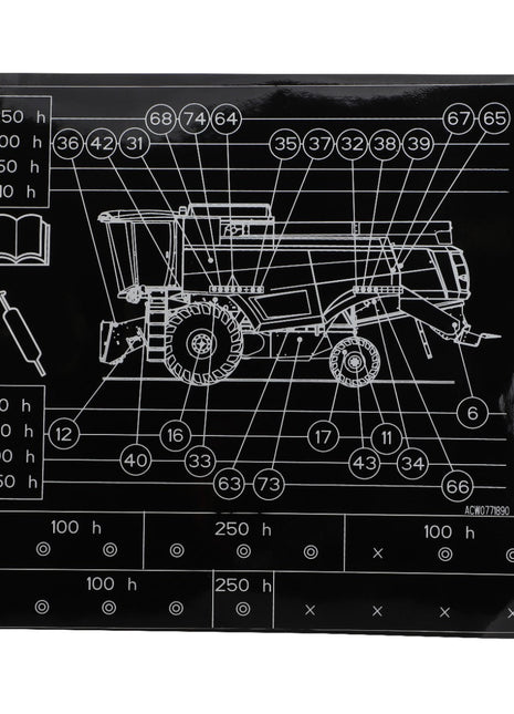 A technical diagram of the AGCO | Decal, Left Hand - Acw0771890 machine with numbered parts and maintenance intervals labeled in hours, including icons for tools and a manual, displayed on a black background. No current product description information is available.