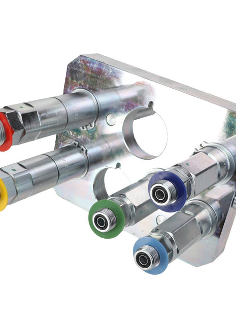 The AGCO | Multicoupling - Acw0622510 from AGCO is a metal manifold featuring five hydraulic quick-connect couplers, each identified by a different colored ring: red, yellow, blue, green, and black. No additional product description information is available at this time.