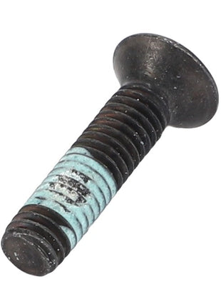 Close-up of a single AGCO Hex Socket Head Countersunk Bolt - Acw1987420 with light blue thread locker skillfully applied to the threads.