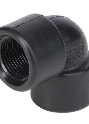 The AGCO Elbow Fitting - Ag051126 is a black plastic elbow pipe connector with threaded internal surfaces, designed for connecting two pipes at a 90-degree angle.