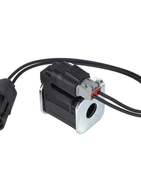 The AGCO | Coil - AG137411 by AGCO is a black inline automotive solenoid valve featuring attached wiring and a connector, designed to provide OE quality for superior performance and durability.