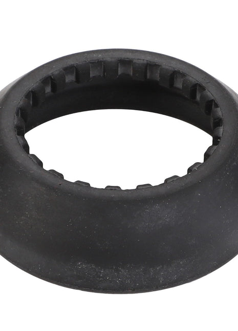 A black, round rubber grommet, known as the AGCO Bellows - Acw0355730, features a toothed inner ring designed for increased service life.