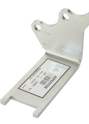 The AGCO Bracket - Acp0297930 is a metal bracket with a label attached, featuring three holes at the top and a bent angle at one end. Currently, there is no detailed product description available for this item.