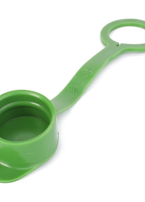 Green plastic measuring scoop with a circular handle, featuring volumetric markings on the handle, inspired by the precision of AGCO's Dust Cap - X591900800010.