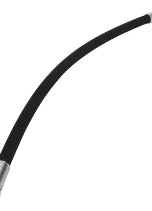 An AGCO Hydr. Hose - Acw0220990, featuring a flexible black design with sturdy metallic connectors at both ends.