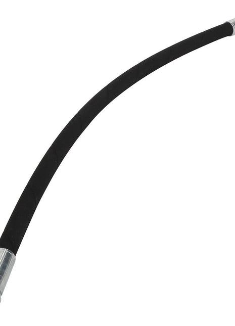 An AGCO Hydr. Hose - Acw0220990, featuring a flexible black design with sturdy metallic connectors at both ends.
