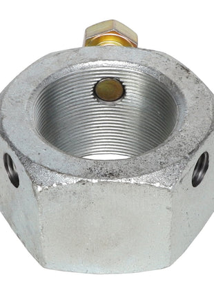 Product Description: A close-up of the AGCO | Nut - Acp0021470, a hexagonal metal coupling nut with a threaded interior and two holes on the sides.