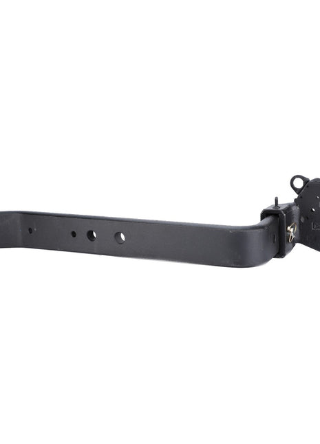 The AGCO Lower Link Arm, Hook End, Right Hand - Acp0327840 is a black trailer hitch designed with a long arm featuring multiple holes and equipped with a quick-release hook attachment on one end.