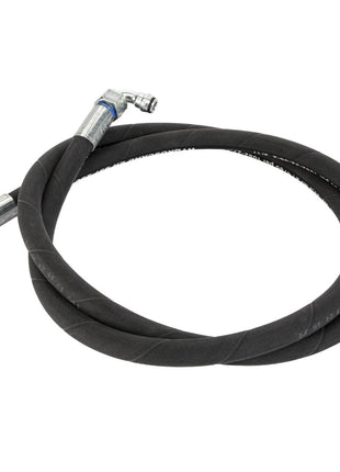 The AGCO Hose - Acw0864160 is a coiled black hose featuring metal fittings on both ends, with one fitting angled at 90 degrees.