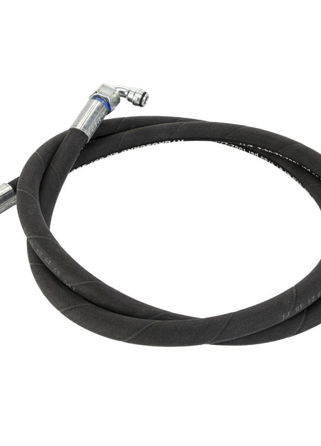 The AGCO Hose - Acw0864160 is a coiled black hose featuring metal fittings on both ends, with one fitting angled at 90 degrees.