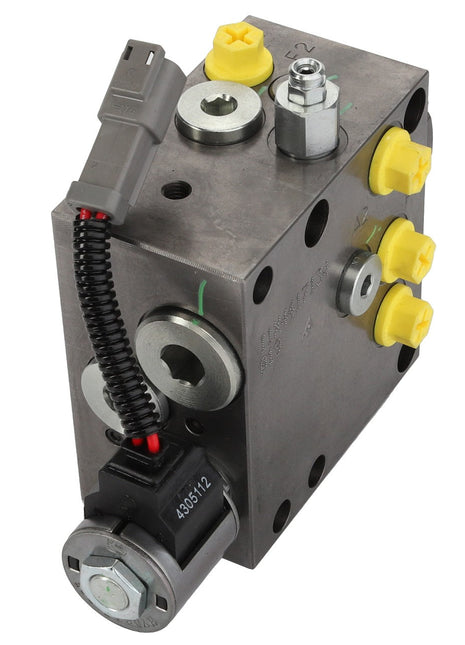 Current product description: The AGCO Brake Valve - Acw2946290 is a square metal hydraulic valve block featuring multiple ports, yellow caps, and an attached gray connector with a black and red wire.