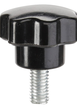 There is no current product description available for the AGCO | KNOB - ACY1176350, a black plastic knob with a threaded metal stud at the bottom, typically used for tightening or adjusting various objects.