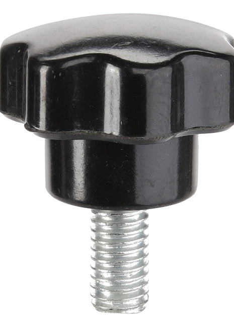 There is no current product description available for the AGCO | KNOB - ACY1176350, a black plastic knob with a threaded metal stud at the bottom, typically used for tightening or adjusting various objects.