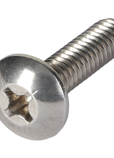 A close-up of the AGCO | MACHINE SCREW - AG330987 from AGCO, featuring a silver metal finish with a flat head and Phillips drive, perfectly showcasing its intricate details.