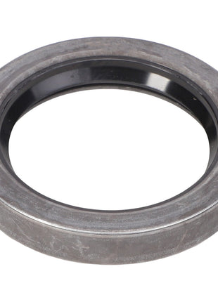 The AGCO SEAL - E1443 is a round, gray metal ring with a black inner lining, often used as a mechanical seal or bearing in machinery.