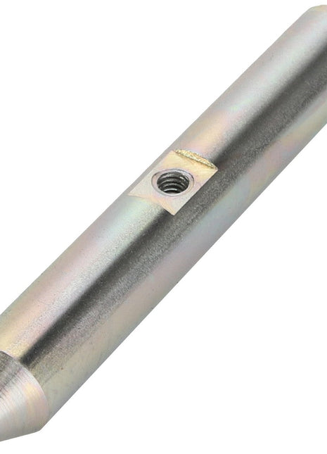 The AGCO Shaft - Acw023502C is a metal cylindrical rod featuring a threaded hole in the center and a precision-tapered end.