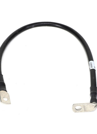 The AGCO Negative Cable - ACW355827A, a black electrical cable with metallic connectors at both ends (one straight and one bent), is showcased against a white background. Currently, there is no additional product description information available for this item.